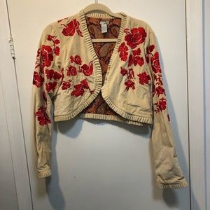 Embroidered rose flower cropped velvet jacket